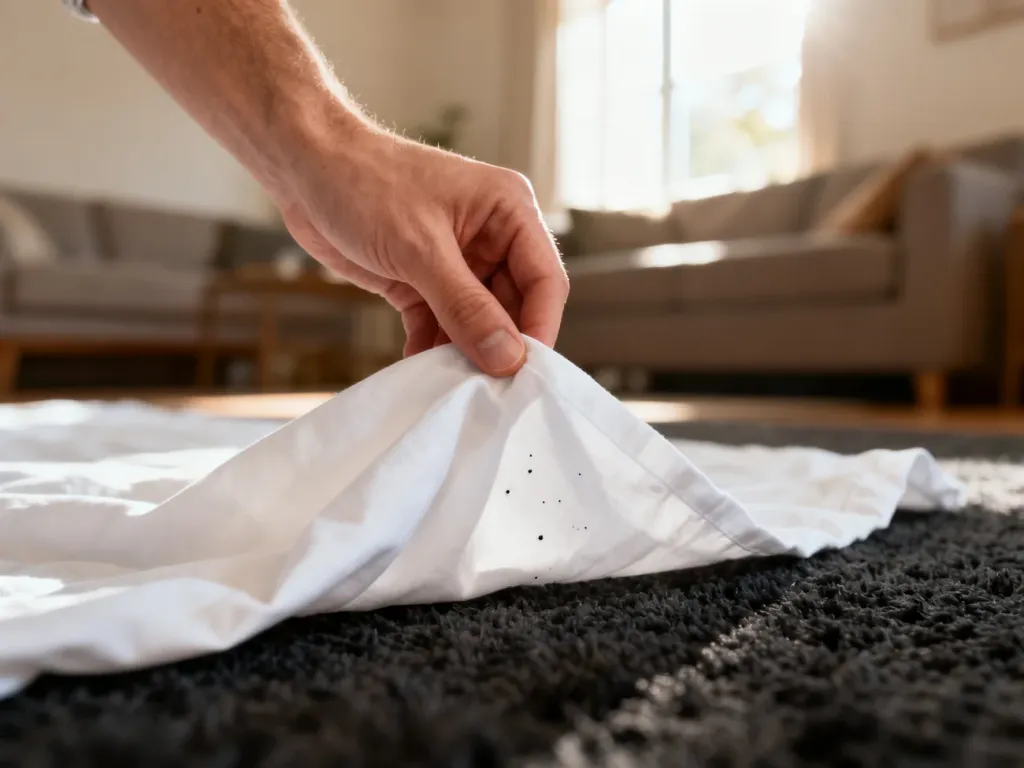 Osoba sprawdza ciemny dywan przy użyciu białej kartki, aby wykryć obecność pcheł w domu.