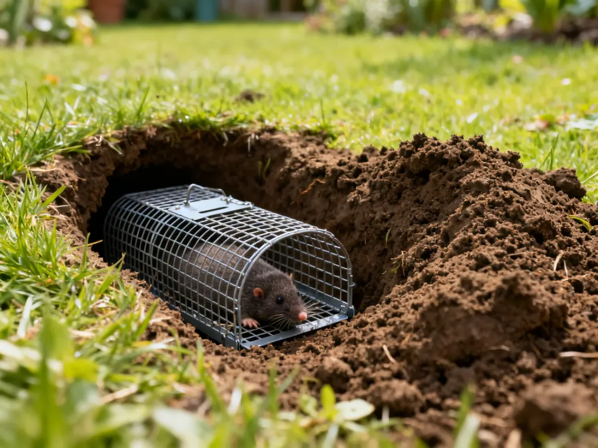 Żywołapka tunelowa umieszczona przy aktywnym korytarzu kreta