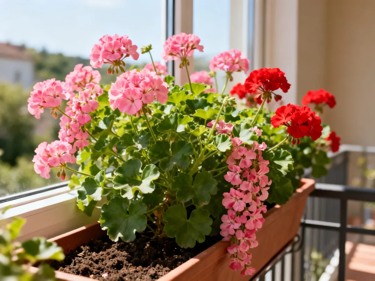 Kwitnąca pelargonia zwisająca w skrzynce balkonowej