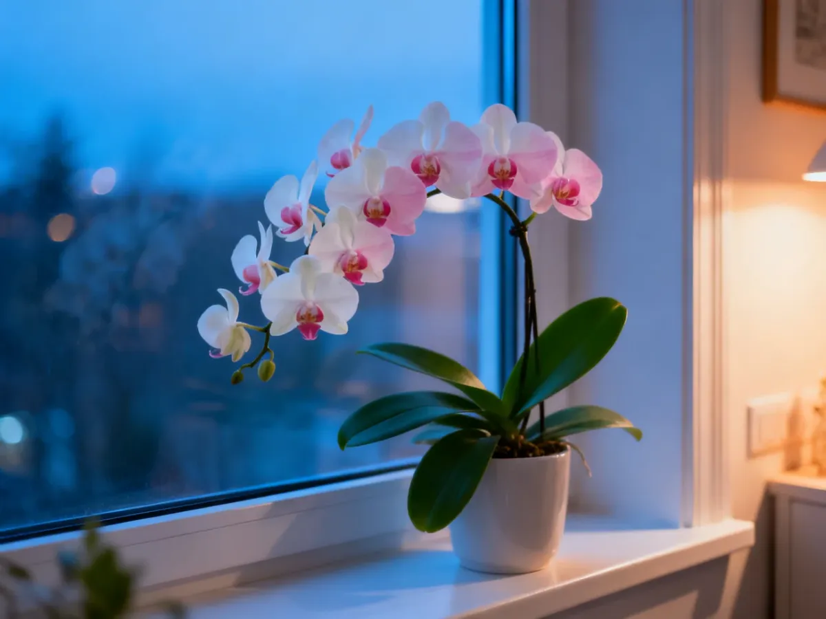 Storczyk Phalaenopsis kwitnący przy jasnym oknie