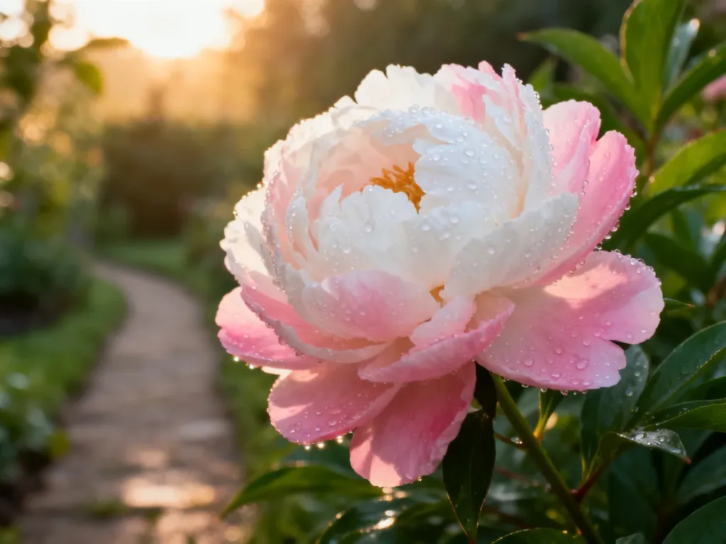 Zbliżenie na kwitnącą piwonię z kroplami rosy w słonecznym ogrodzie, podkreślające piękno i delikatność kwiatu.