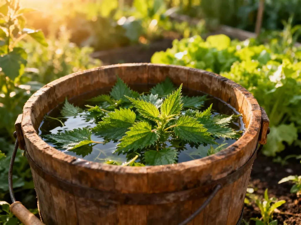 Drewniane wiadro z pokrzywami namaczanymi w wodzie, służącymi do przygotowania naturalnego nawozu w ogrodzie.