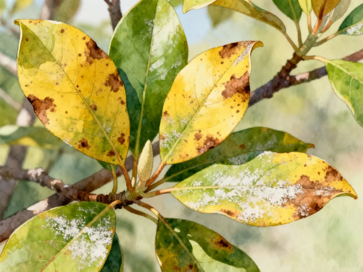 Liście magnolii z objawami chorób i przebarwień