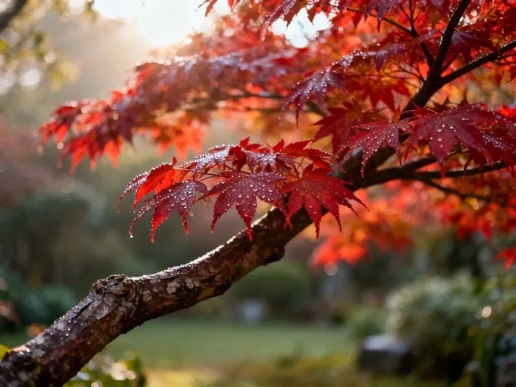 Zbliżenie na karminowe, dłoniaste liście klona palmowego z kroplami rosy w słonecznym ogrodzie.