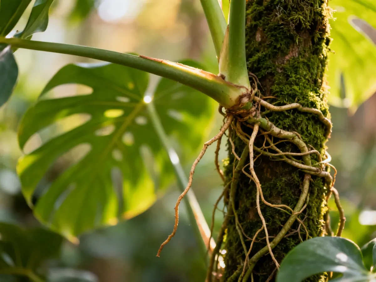Aerial roots growing from a monstera stem beside a support pole