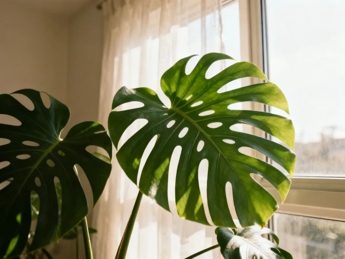 Monstera deliciosa with fenestrated leaves beside a bright window