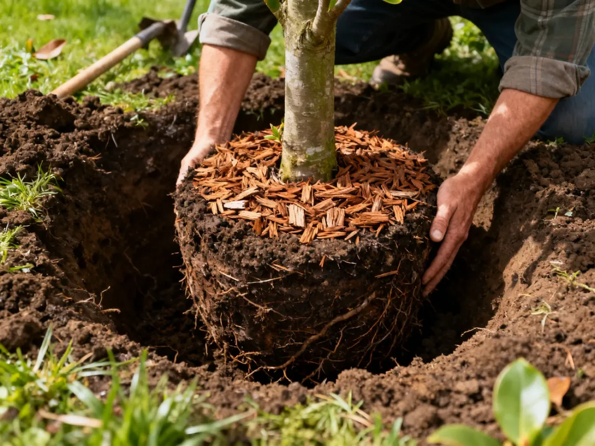 Sadzenie młodej magnolii z bryłą korzeniową i ściółką