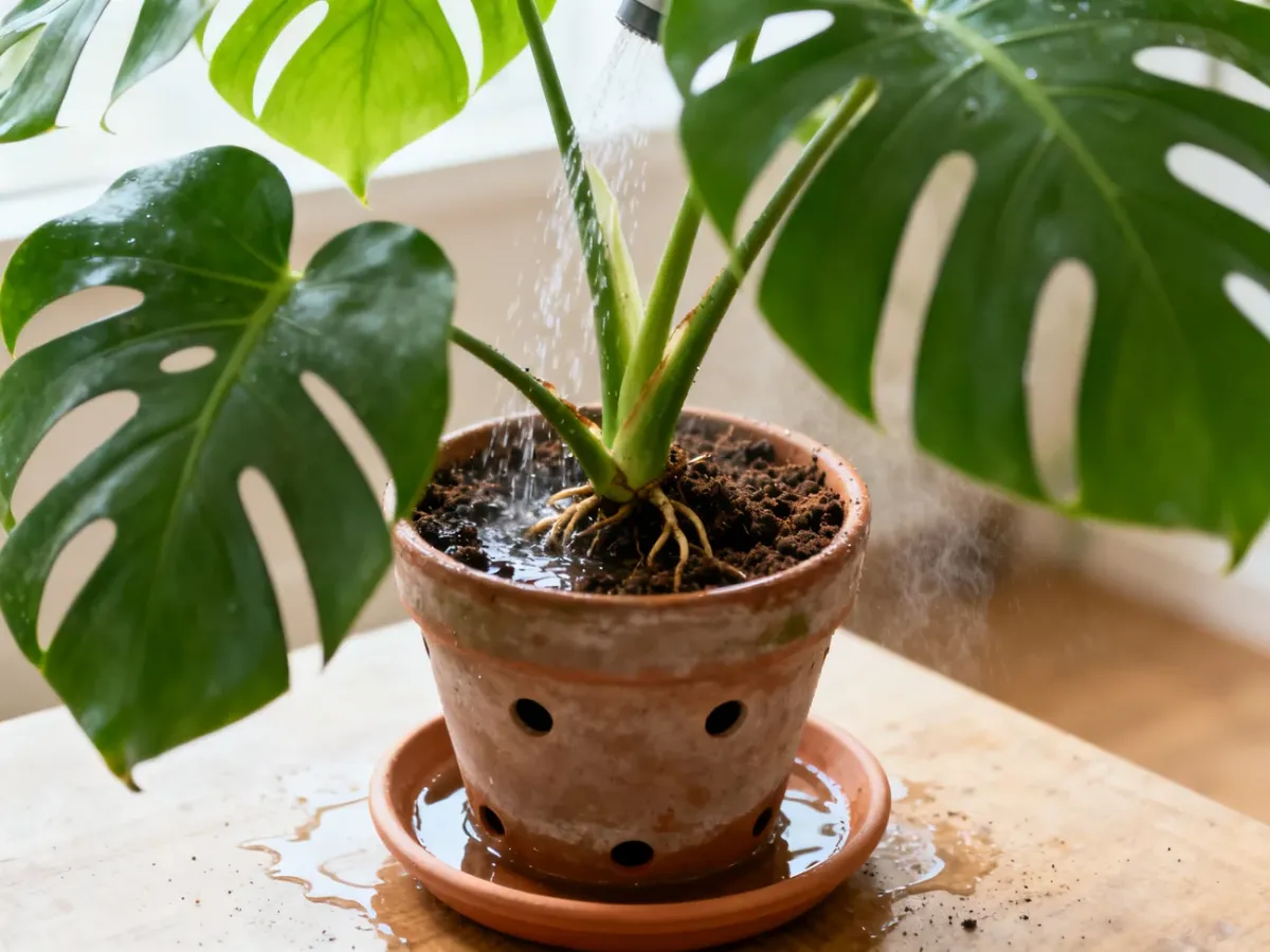 Watering a monstera in a pot with drainage and a saucer