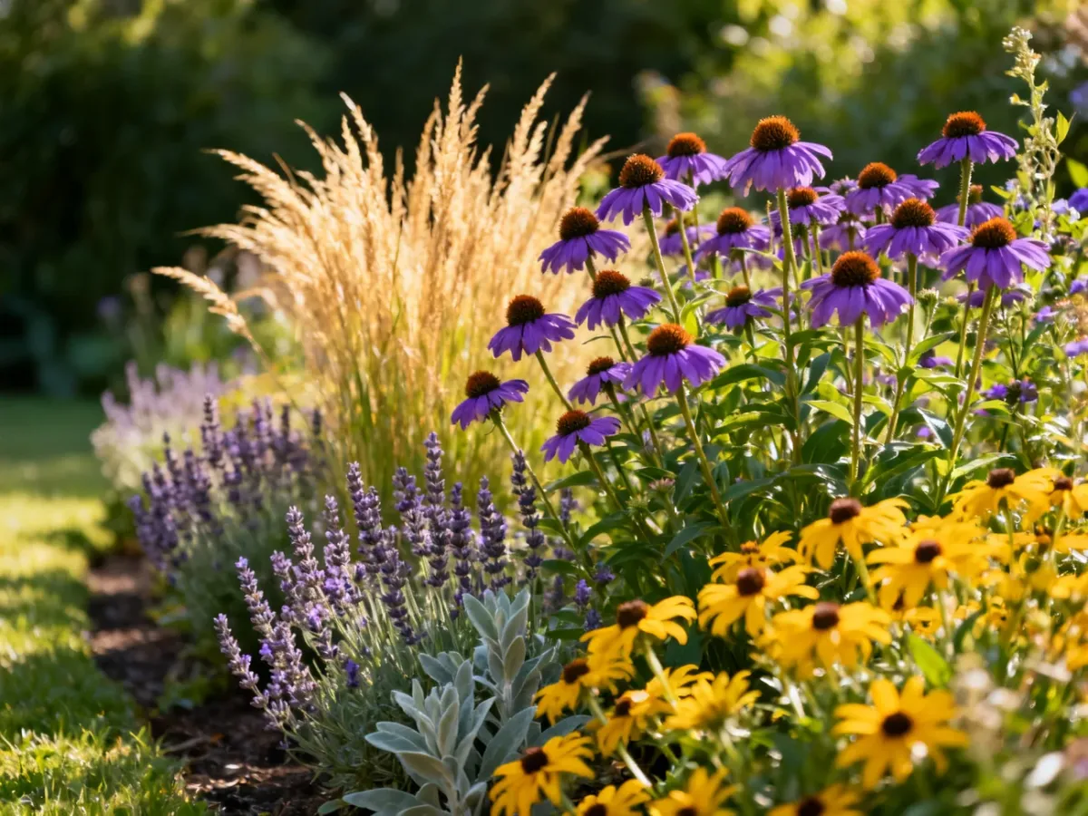 Jeżówka purpurowa wśród traw ozdobnych, lawendy i rudbekii