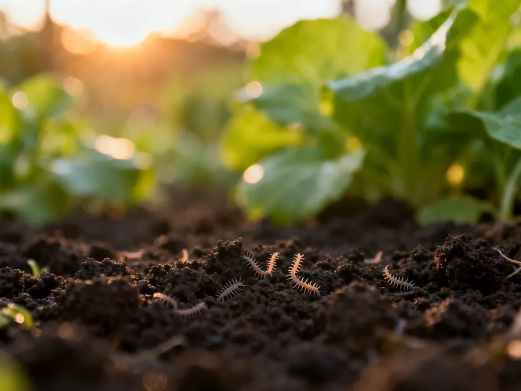 Żyzna gleba w ogrodzie z widocznymi mikroskopijnymi nicieniami, które wspierają naturalną ochronę roślin.