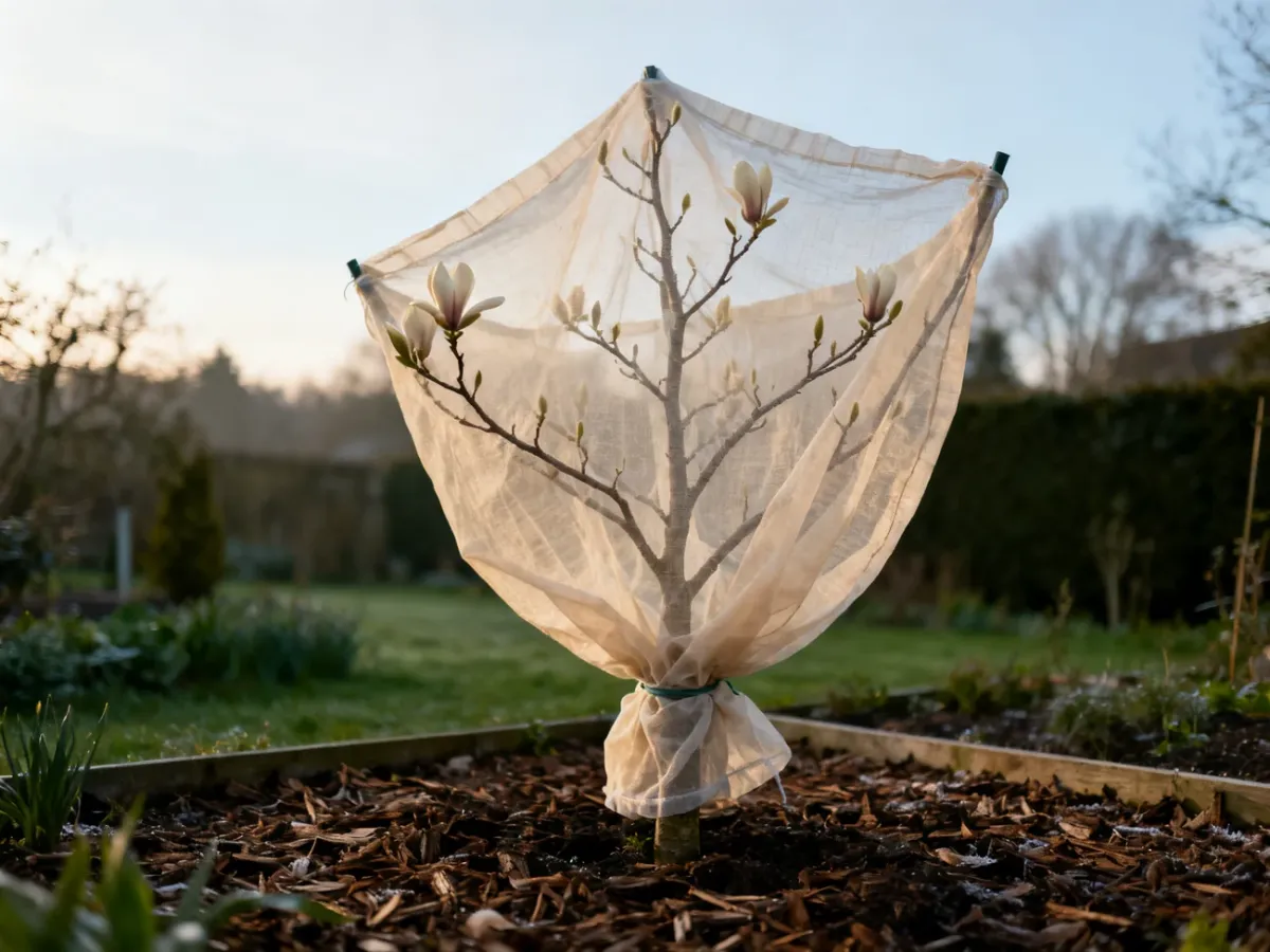 Młoda magnolia osłonięta przed przymrozkiem