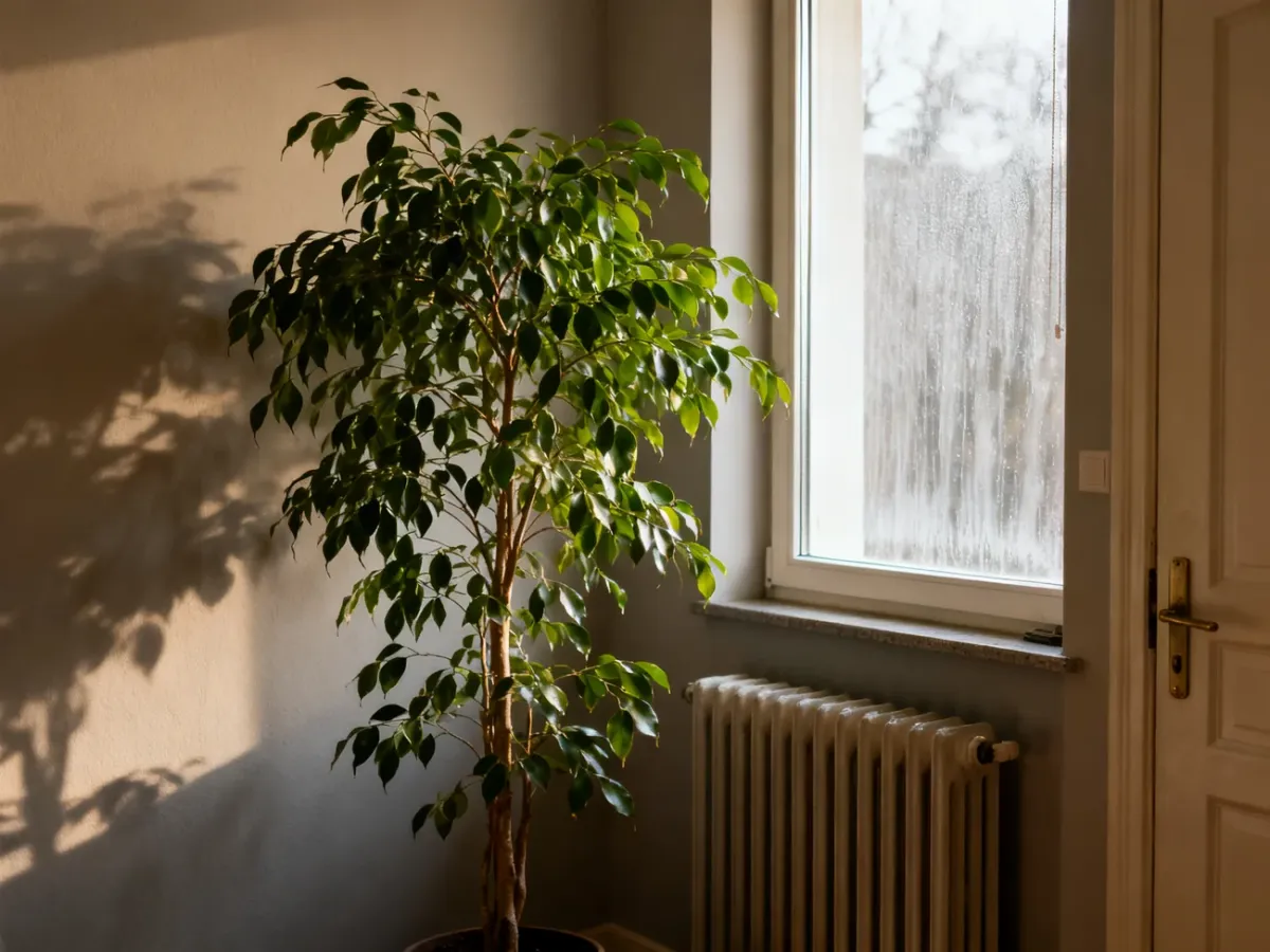 Fikus benjamina stojący z dala od grzejnika i przeciągu