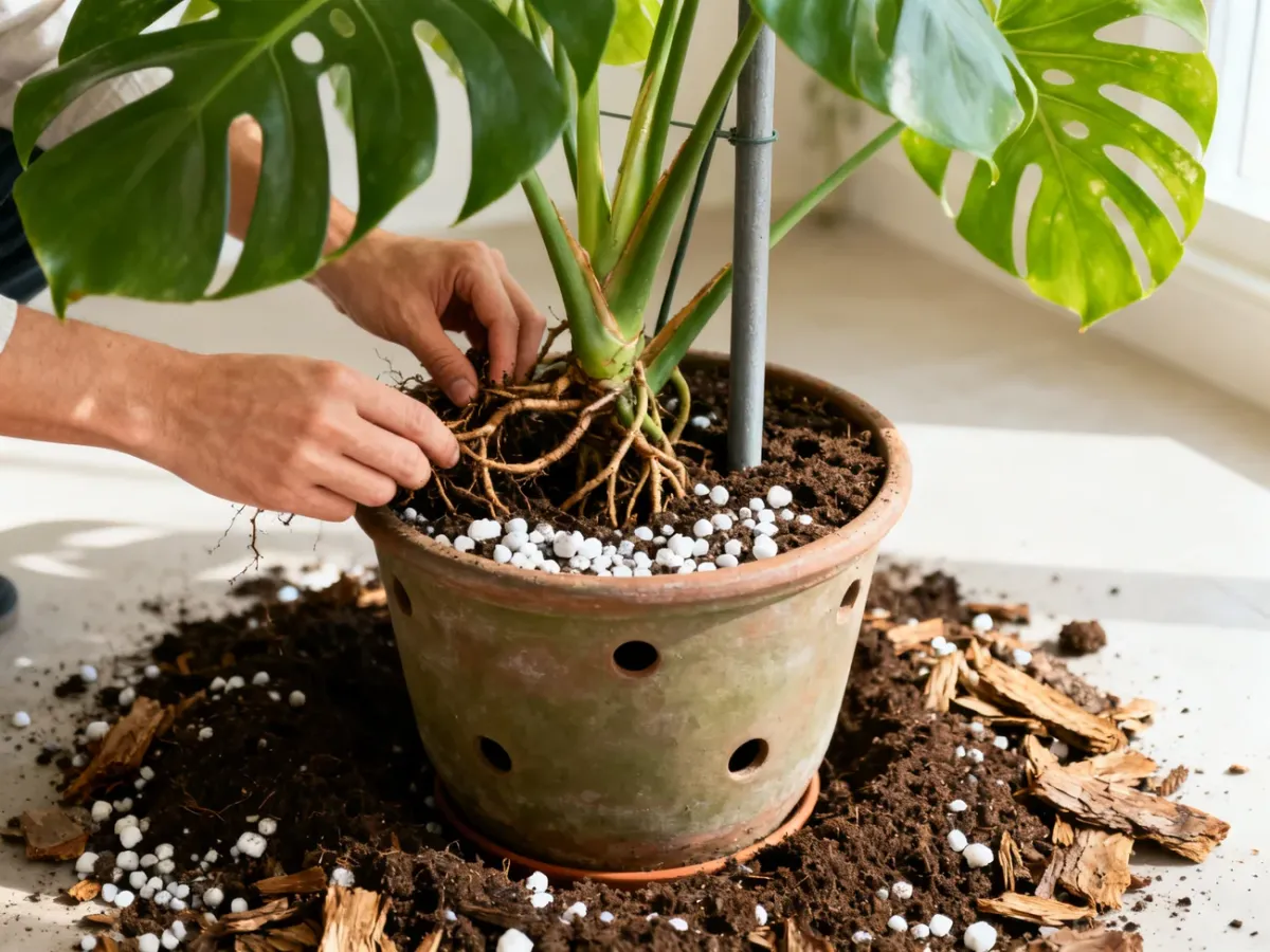 Repotting a monstera with fresh airy soil and a support pole