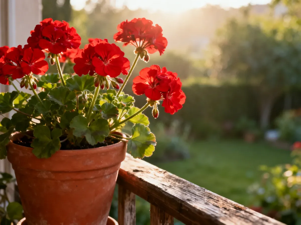 Czerwone pelargonie w terakotowej doniczce na drewnianej balustradzie w promieniach porannego słońca.