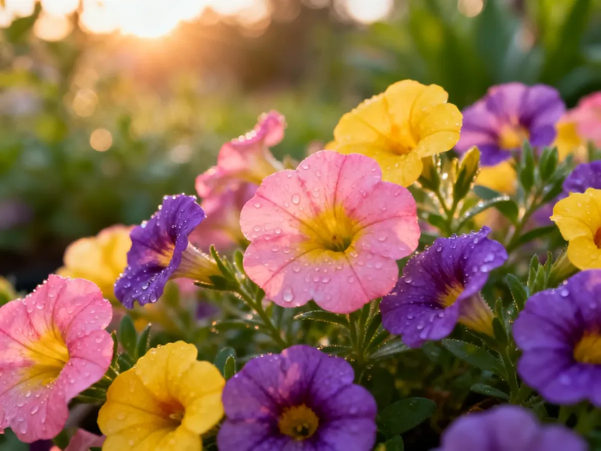 Wielobarwne kwiaty calibrachoa z kroplami rosy w promieniach porannego słońca. Zdrowe i bujne rośliny w ogrodowej scenerii.