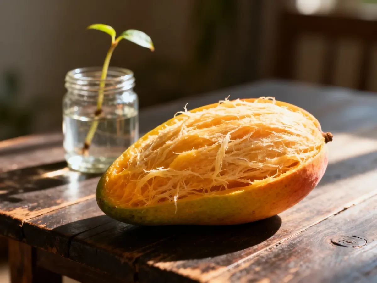 Oczyszczona pestka mango na drewnianym stole oraz słoik z kiełkującą sadzonką w tle, ilustrujące proces uprawy rośliny.