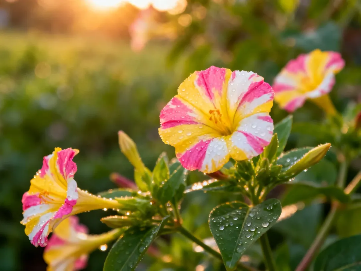 Zbliżenie na wielobarwne kwiaty dziwaczka z kroplami rosy w promieniach zachodzącego słońca.