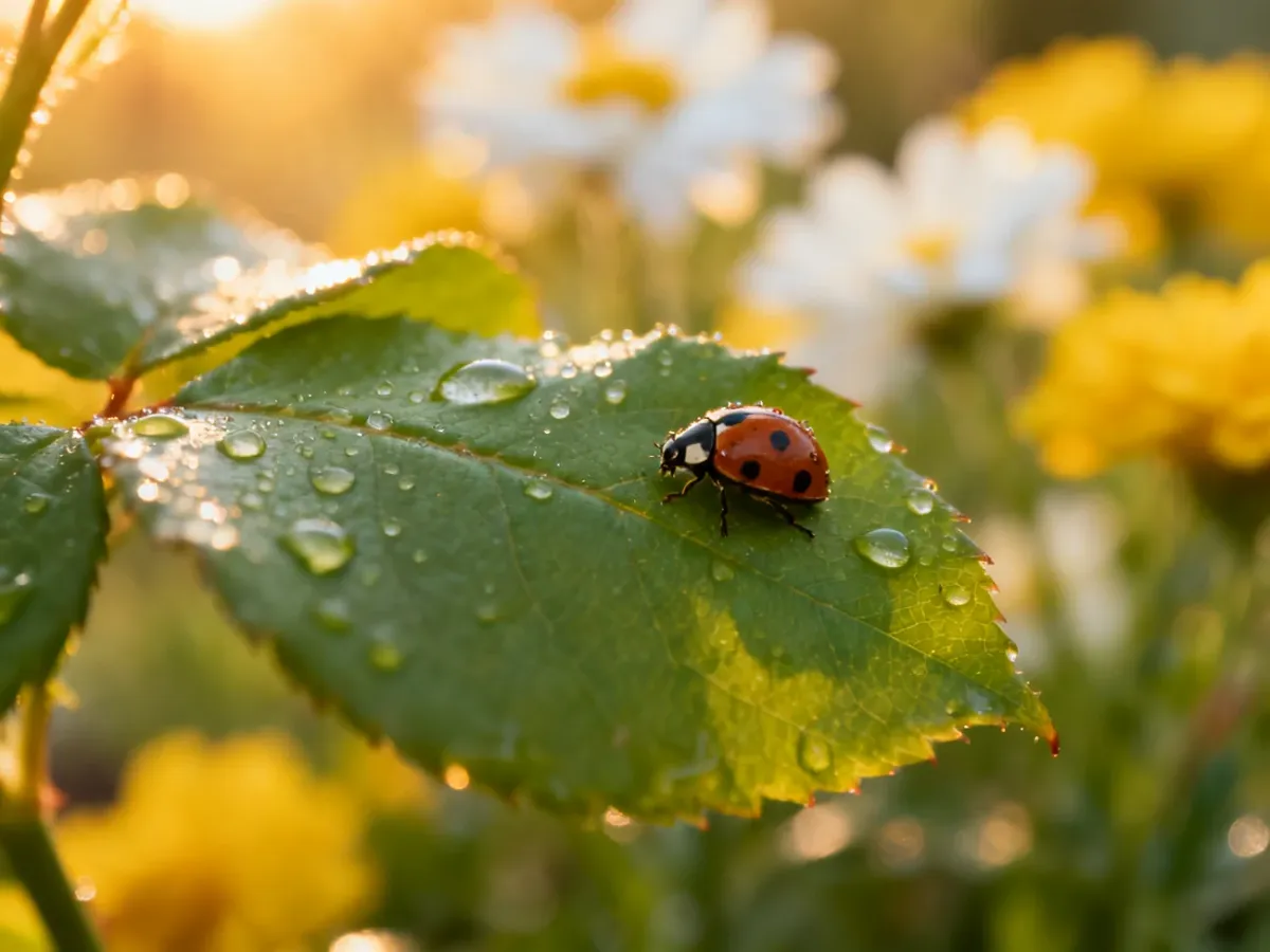 Biedronka na liściu z kroplami rosy, naturalny wróg mszyc w ogrodzie.