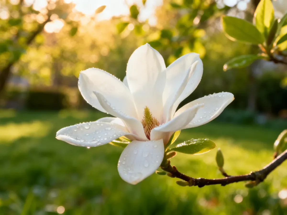 Zdrowy kwiat magnolii z kroplami rosy na tle słonecznego ogrodu, ilustrujący prawidłowy rozwój rośliny.