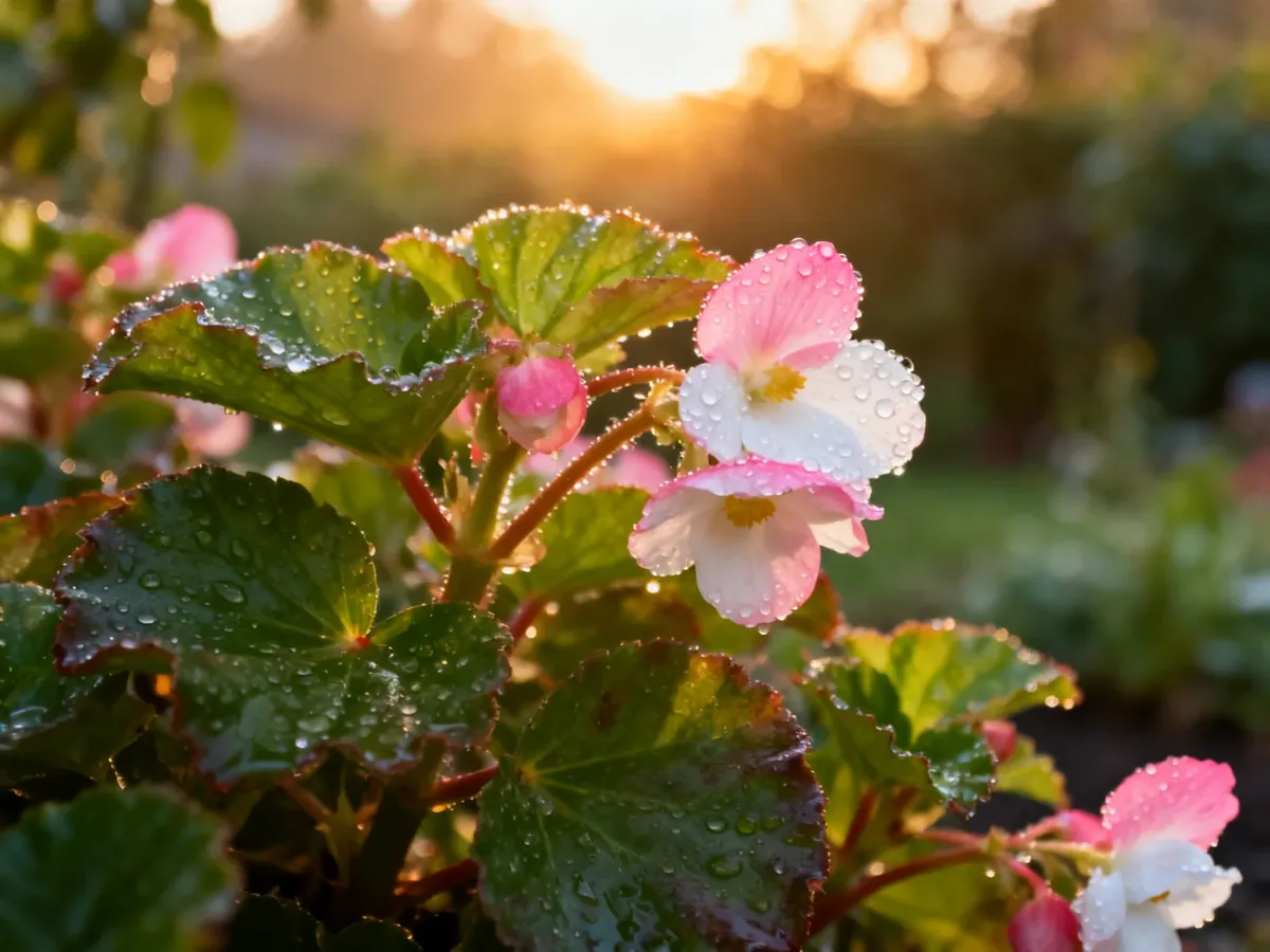 Kwitnąca begonia z kroplami rosy w promieniach słońca, prezentująca zdrowy wygląd rośliny w ogrodzie.