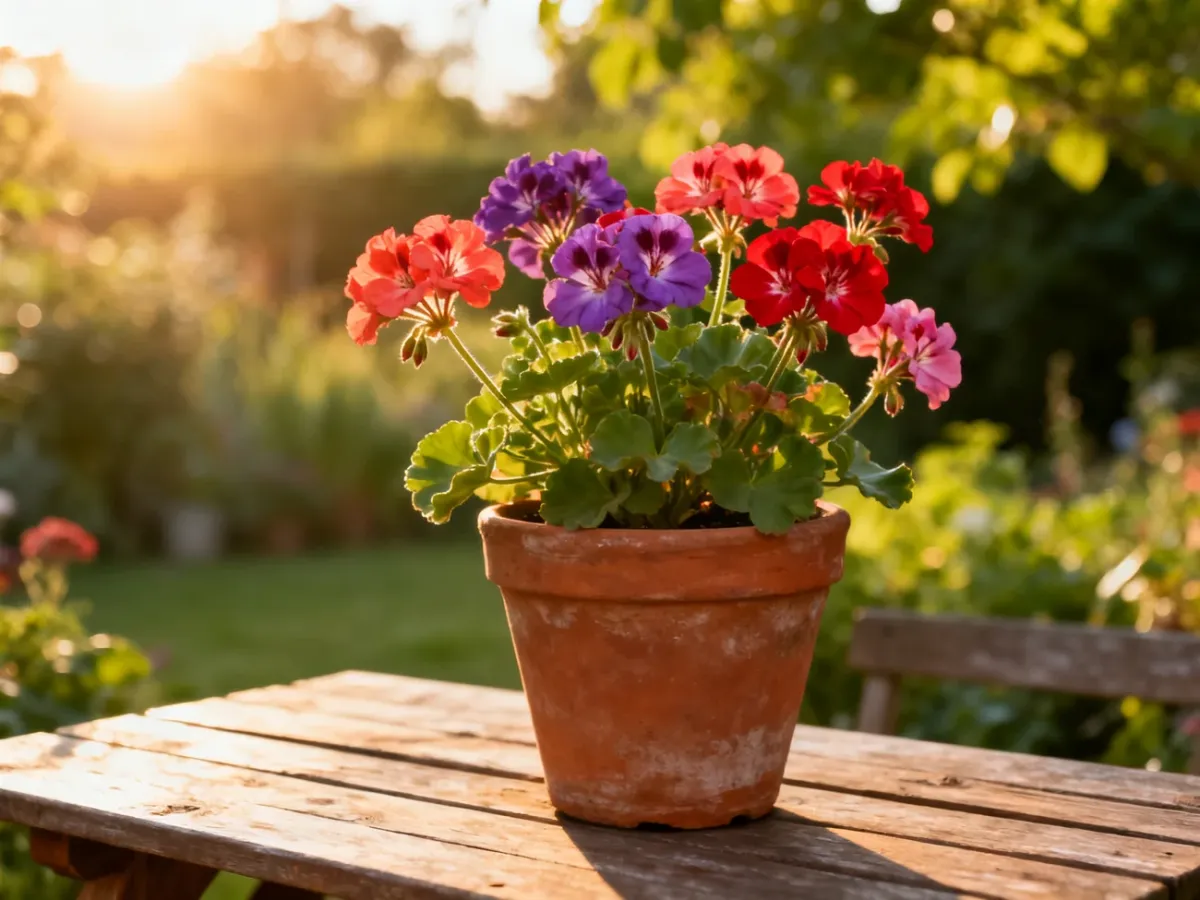 Wibrujące kwiaty pelargonii w terakotowej donicy na drewnianym stole w słonecznym ogrodzie.