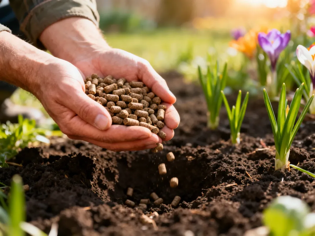 Dłonie ogrodnika rozsypujące nawóz organiczny na świeżą ziemię w wiosennym ogrodzie.