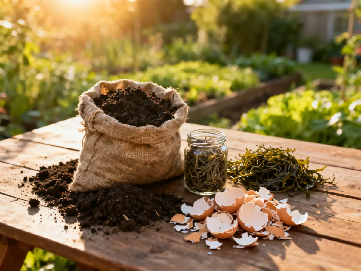 Różnorodne naturalne nawozy organiczne, takie jak kompost, suszone wodorosty i skorupki jaj, przygotowane do użycia w ogrodzie.