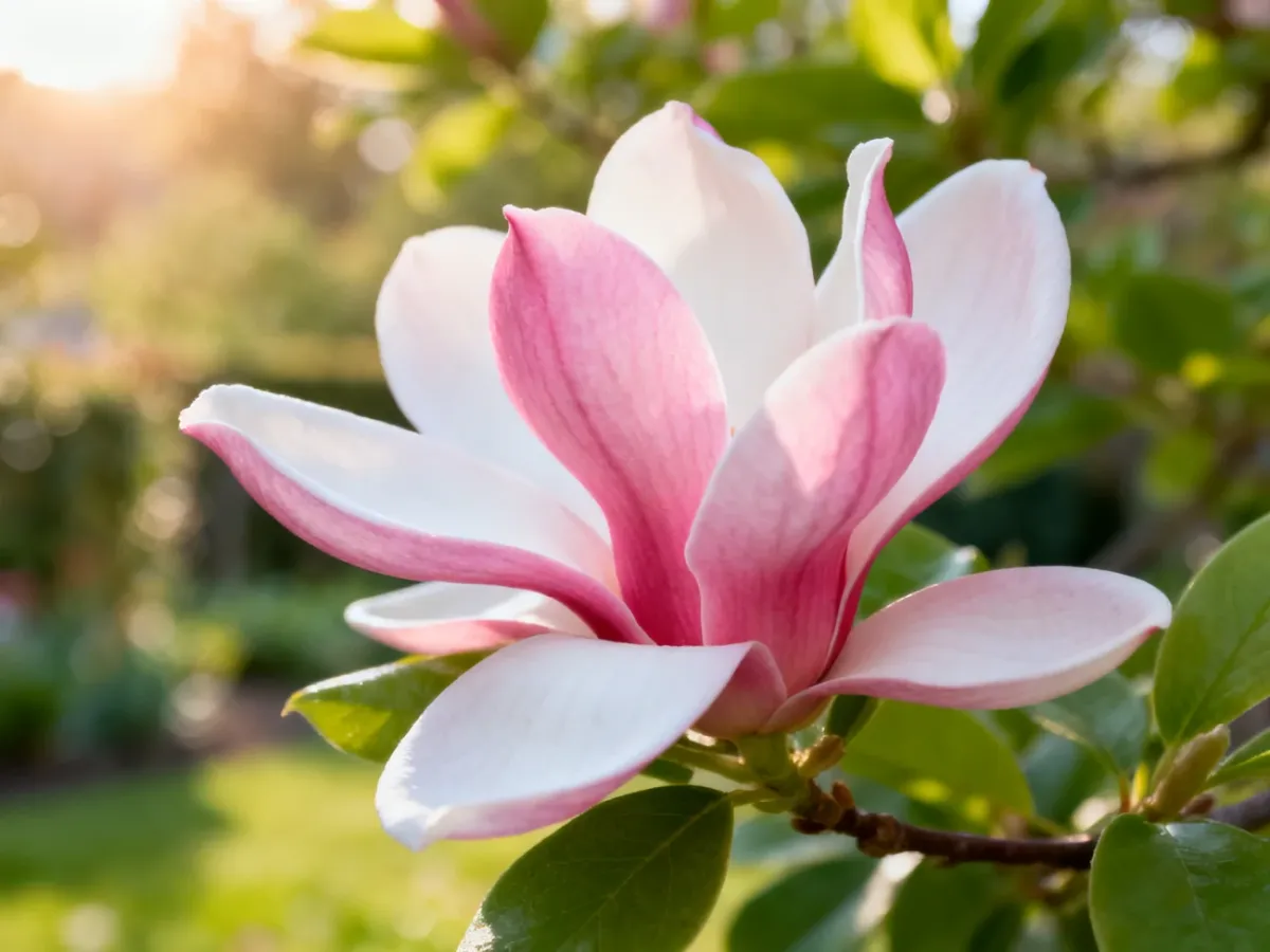 Zbliżenie na delikatne, różowo-białe kwiaty magnolii pośredniej w pełnym rozkwicie, oświetlone porannym światłem słonecznym.