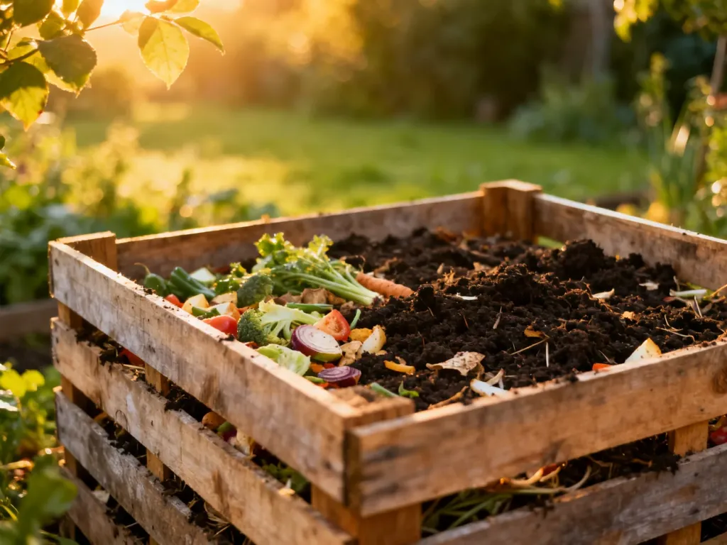 Drewniany kompostownik z palet wypełniony żyzną ziemią i odpadami organicznymi w słonecznym ogrodzie.