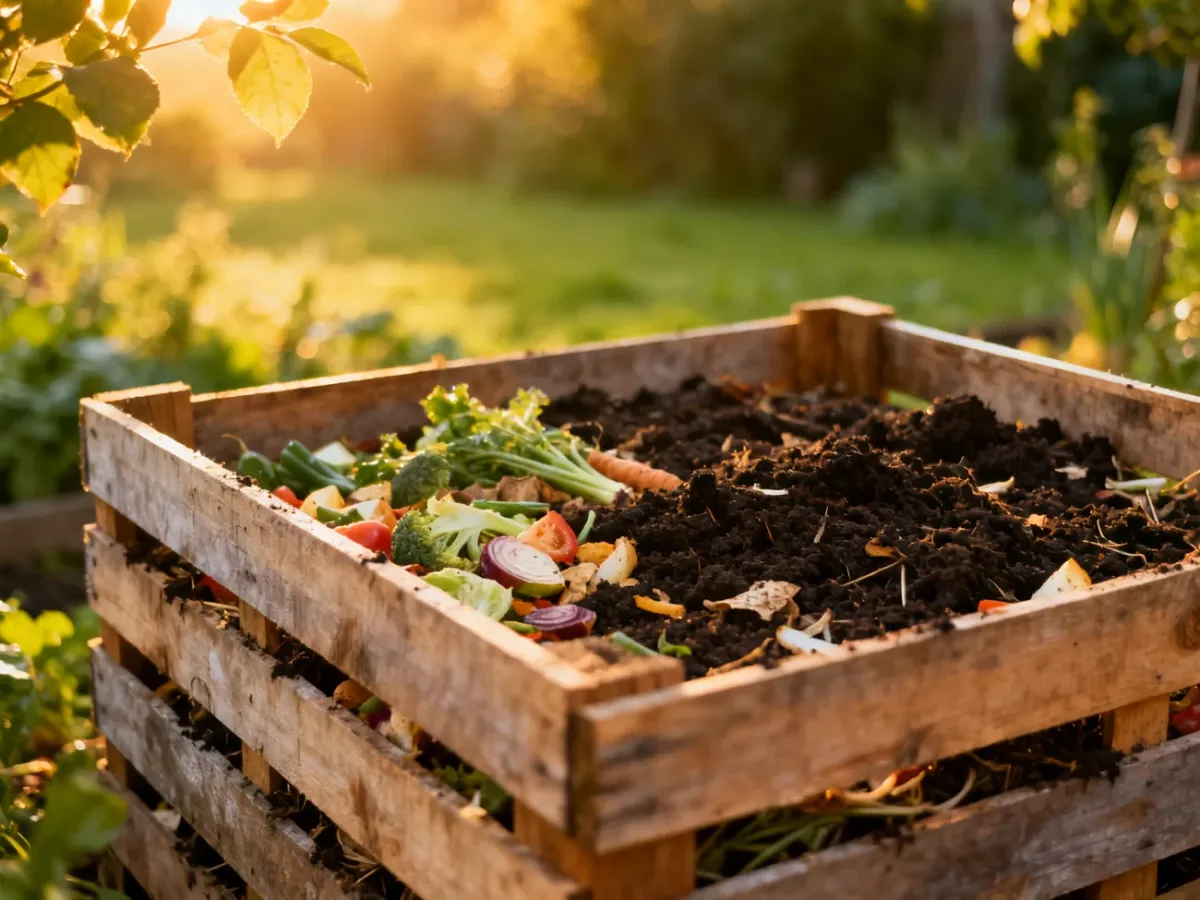 Drewniany kompostownik z palet wypełniony żyzną ziemią i odpadami organicznymi w słonecznym ogrodzie.