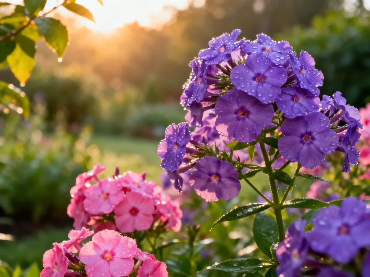 Zbliżenie na kwitnące kępy fioletowych i różowych floksów z kroplami rosy w słonecznym ogrodzie.