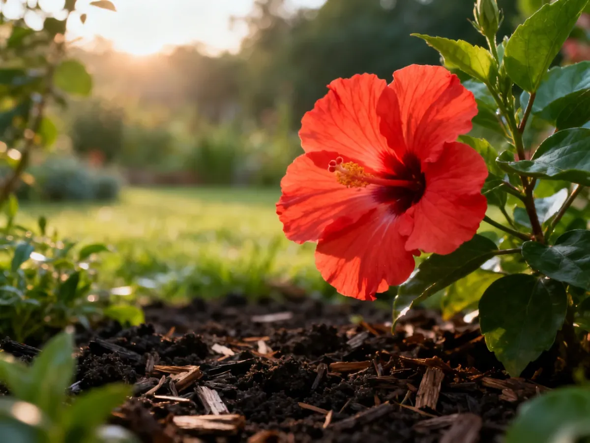 Kwitnący hibiskus rosnący w żyznej, ściółkowanej glebie w słonecznym ogrodzie.