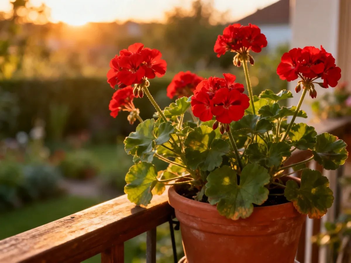 Czerwone pelargonie w terakotowej doniczce na drewnianej balustradzie w świetle zachodzącego słońca.