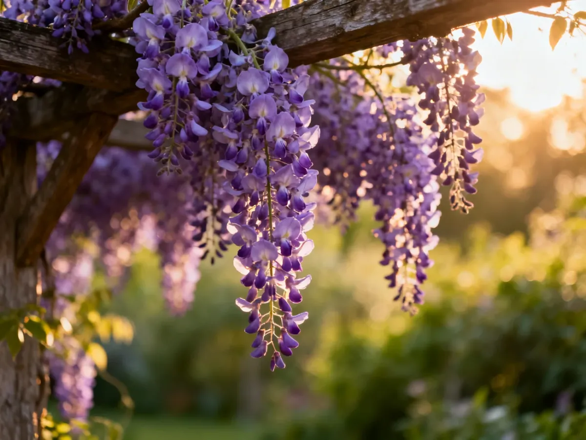 Gęste, fioletowe kwiatostany wisterii zwisające z drewnianej pergoli w promieniach popołudniowego słońca.