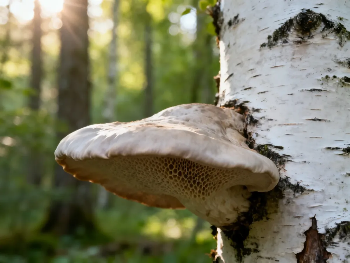 Białoporek brzozowy rosnący na pniu brzozy w otoczeniu zielonego lasu. Widoczne szczegóły kapelusza i porowatej spodniej strony.