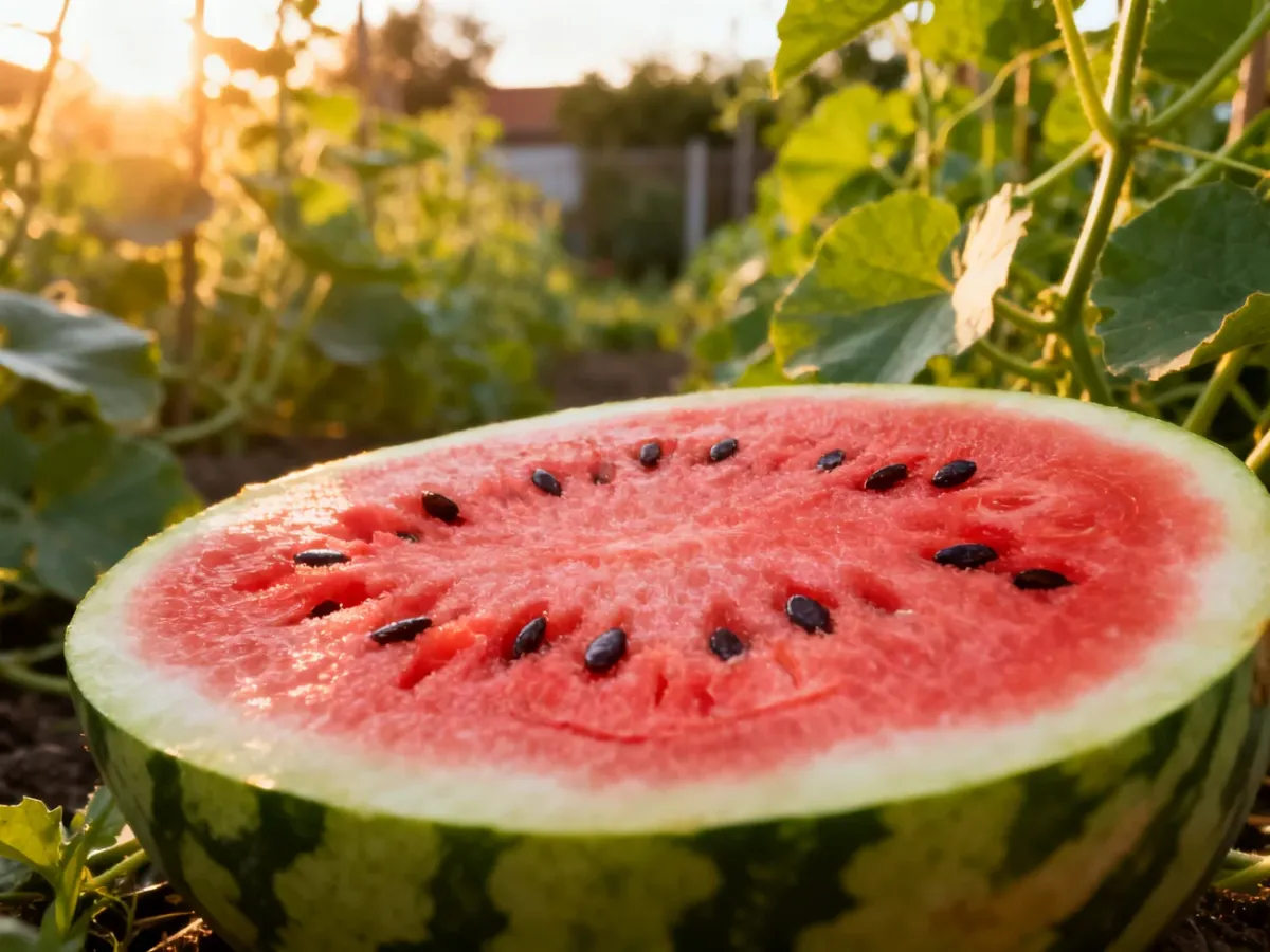 Przekrojony, dojrzały arbuz z soczystym czerwonym miąższem na tle słonecznego ogrodu warzywnego.