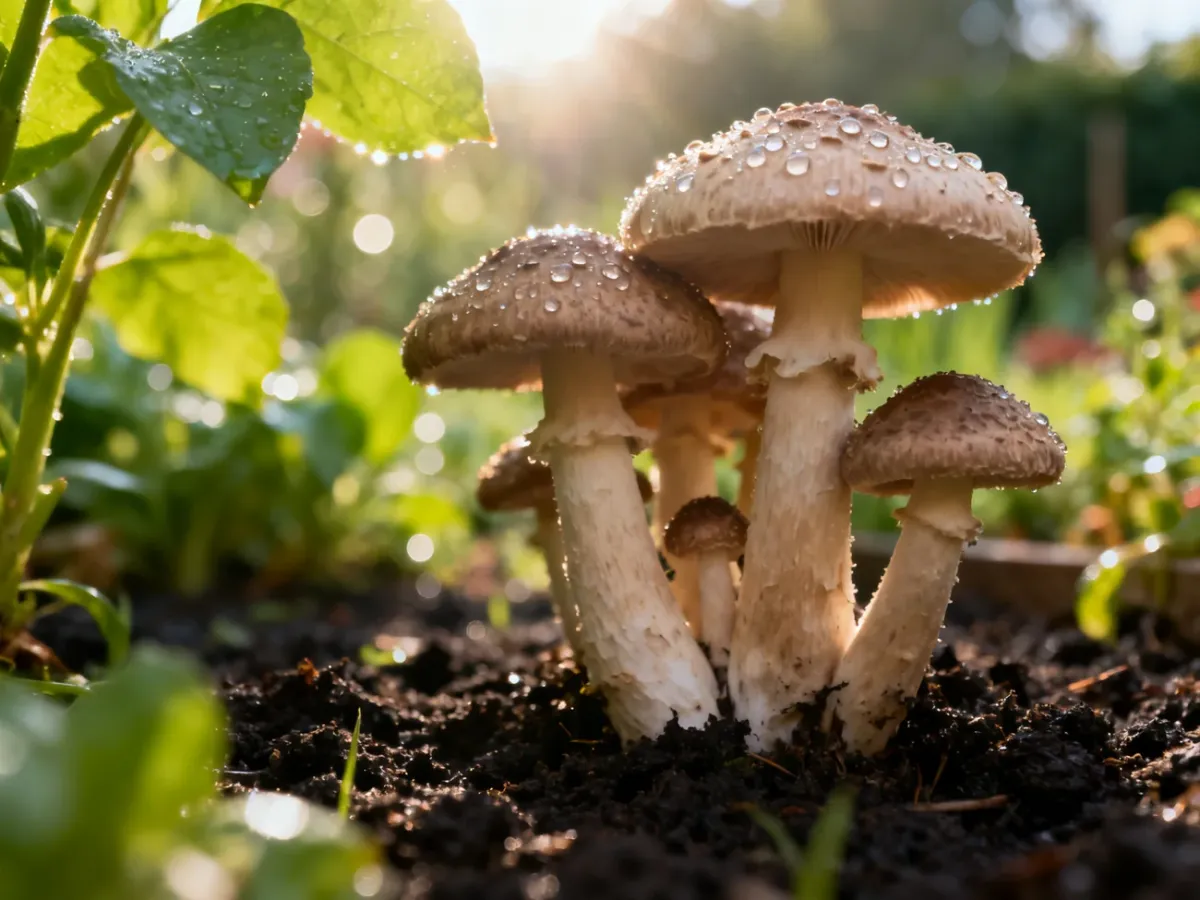 Skupisko dzikich grzybów rosnących w wilgotnej glebie w ogrodzie, oświetlone porannym światłem słonecznym.