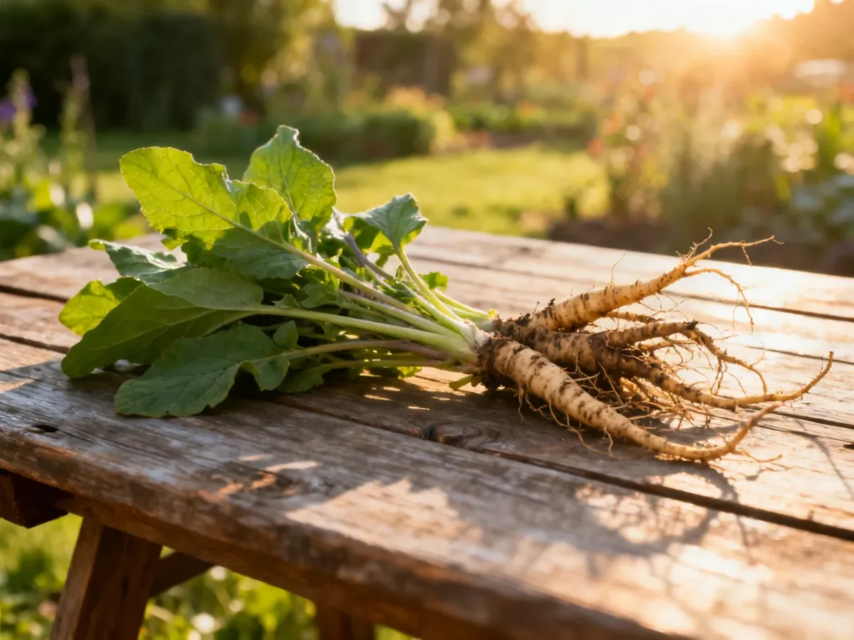 Świeże korzenie i liście żywokostu na rustykalnym drewnianym stole, gotowe do przygotowania surowca zielarskiego.