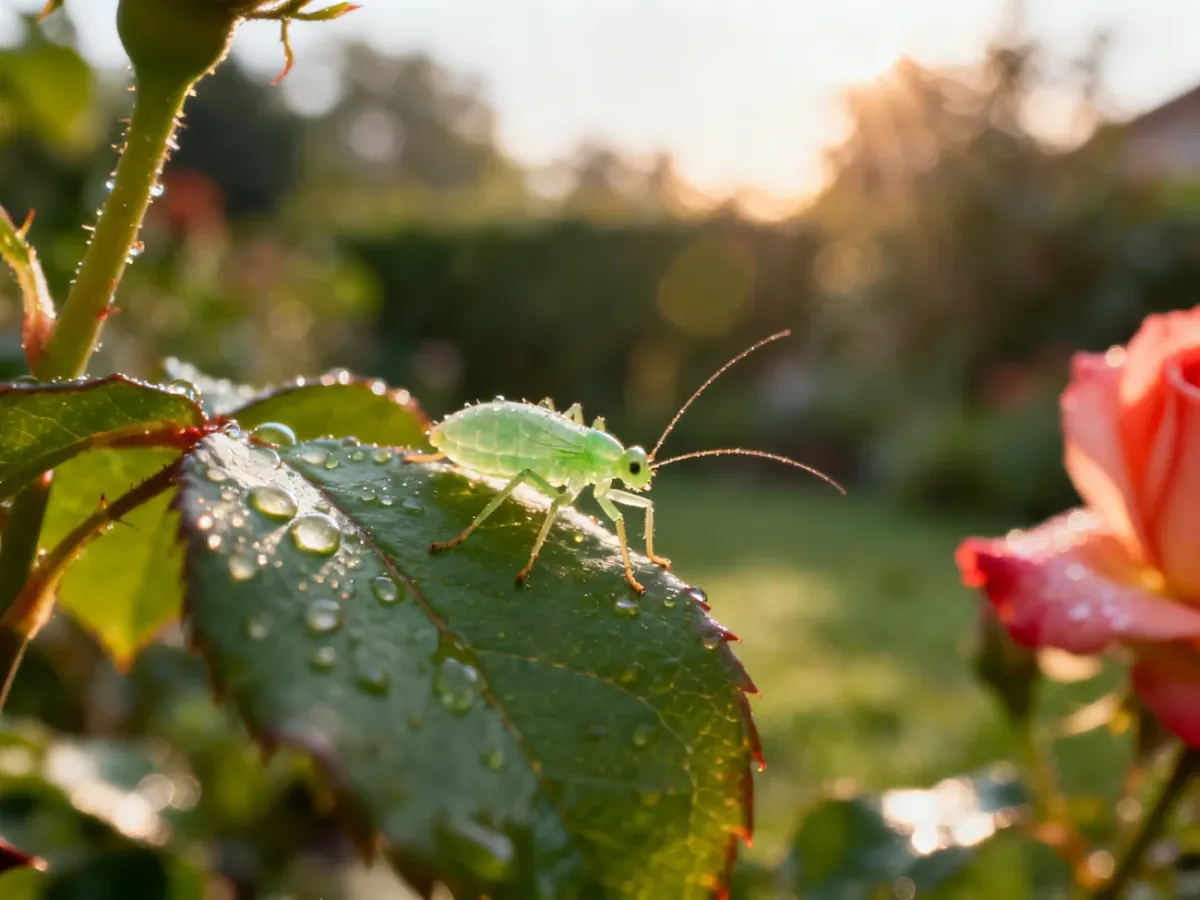 Mała, zielona mszyca na liściu róży z kroplami rosy, widoczna w dużym zbliżeniu.