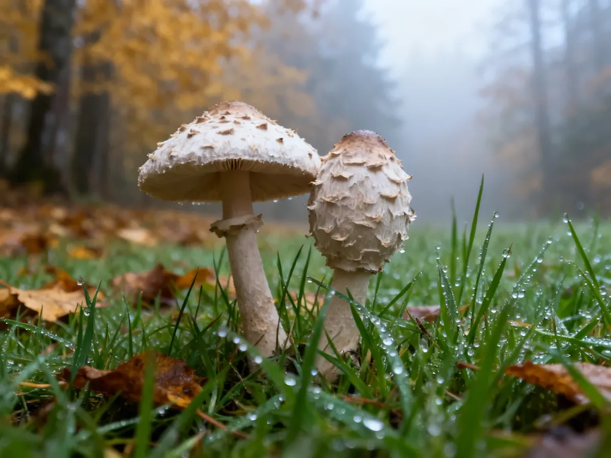 Małe grzyby rosnące na wilgotnej, jesiennej łące w porannej mgle.