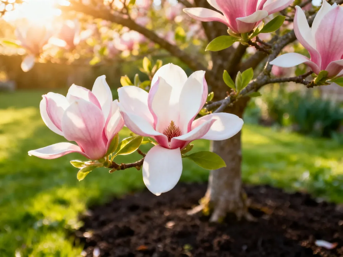 Kwitnąca magnolia z różowo-białymi kwiatami w słonecznym ogrodzie, ilustrująca wiosenny czas sadzenia roślin.