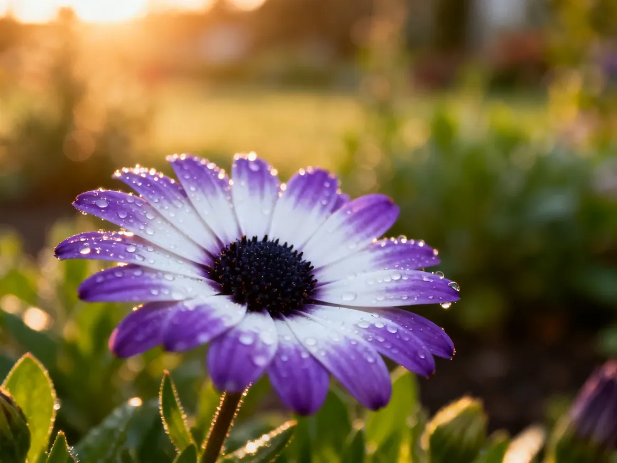 Zbliżenie na kwitnący kwiat osteospermum z kroplami rosy, podkreślające jego fioletowo-białe płatki i ciemny środek.