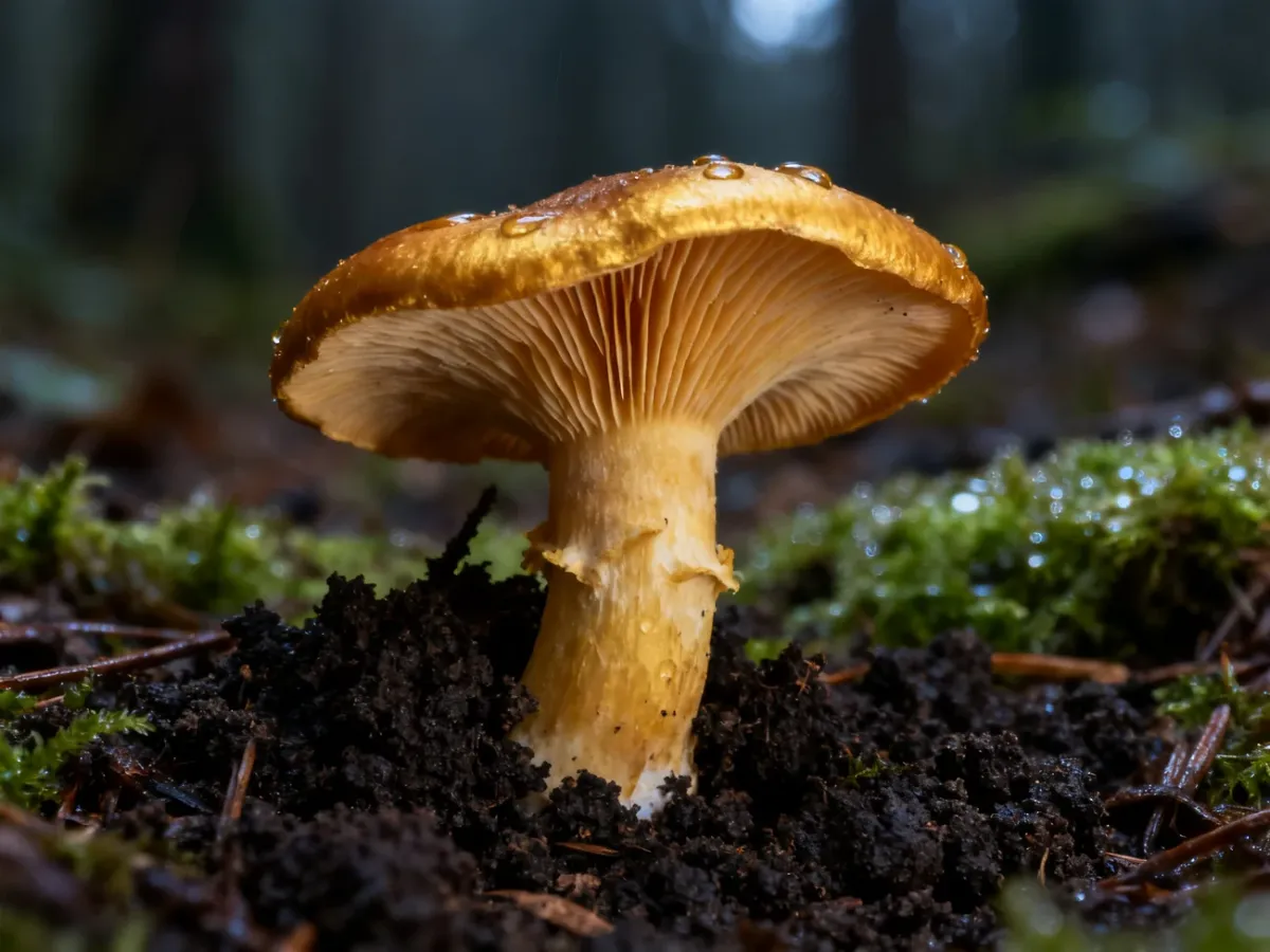 Dojrzały grzyb Golden Teacher wyrastający z wilgotnej gleby, ukazujący złocisty kapelusz i delikatne blaszki.